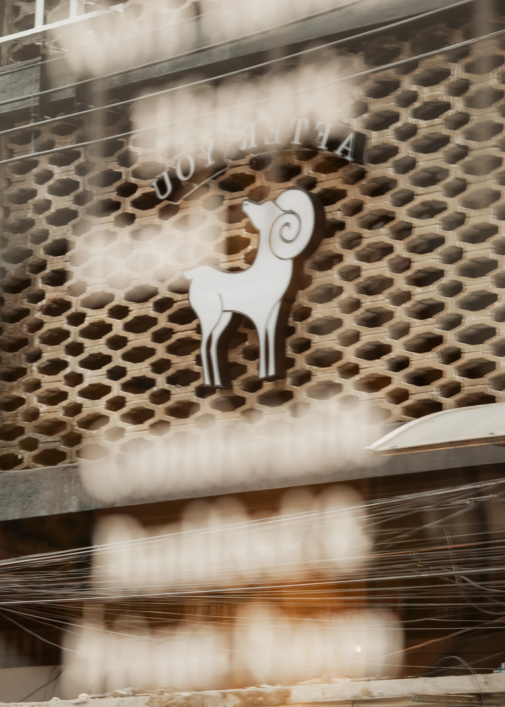 Perforated metal ceiling and custom goat emblem