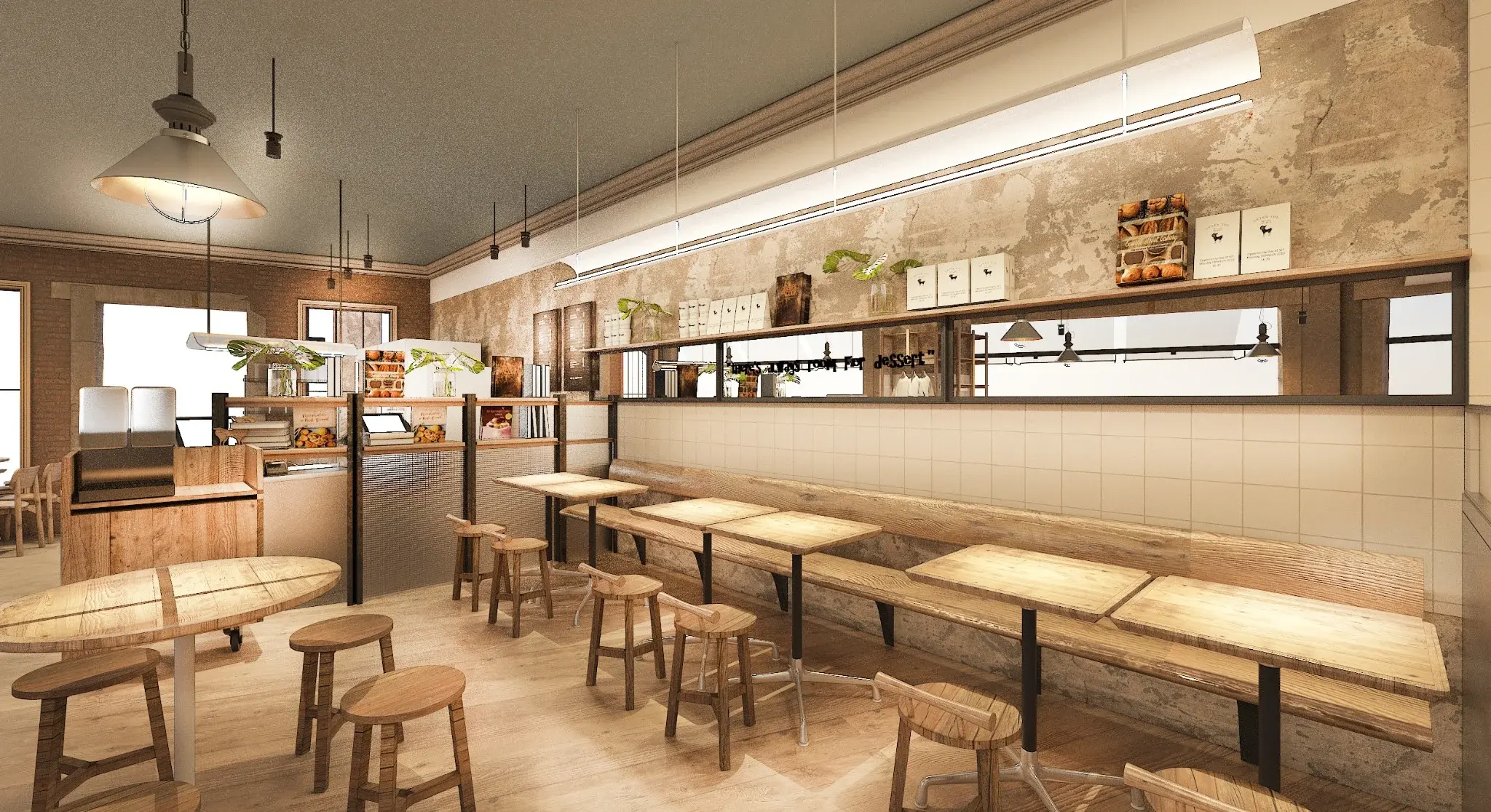 Main dining rendering of After You Dessert Cafe CentralWorld with timber tables, weathered plaster and display shelves