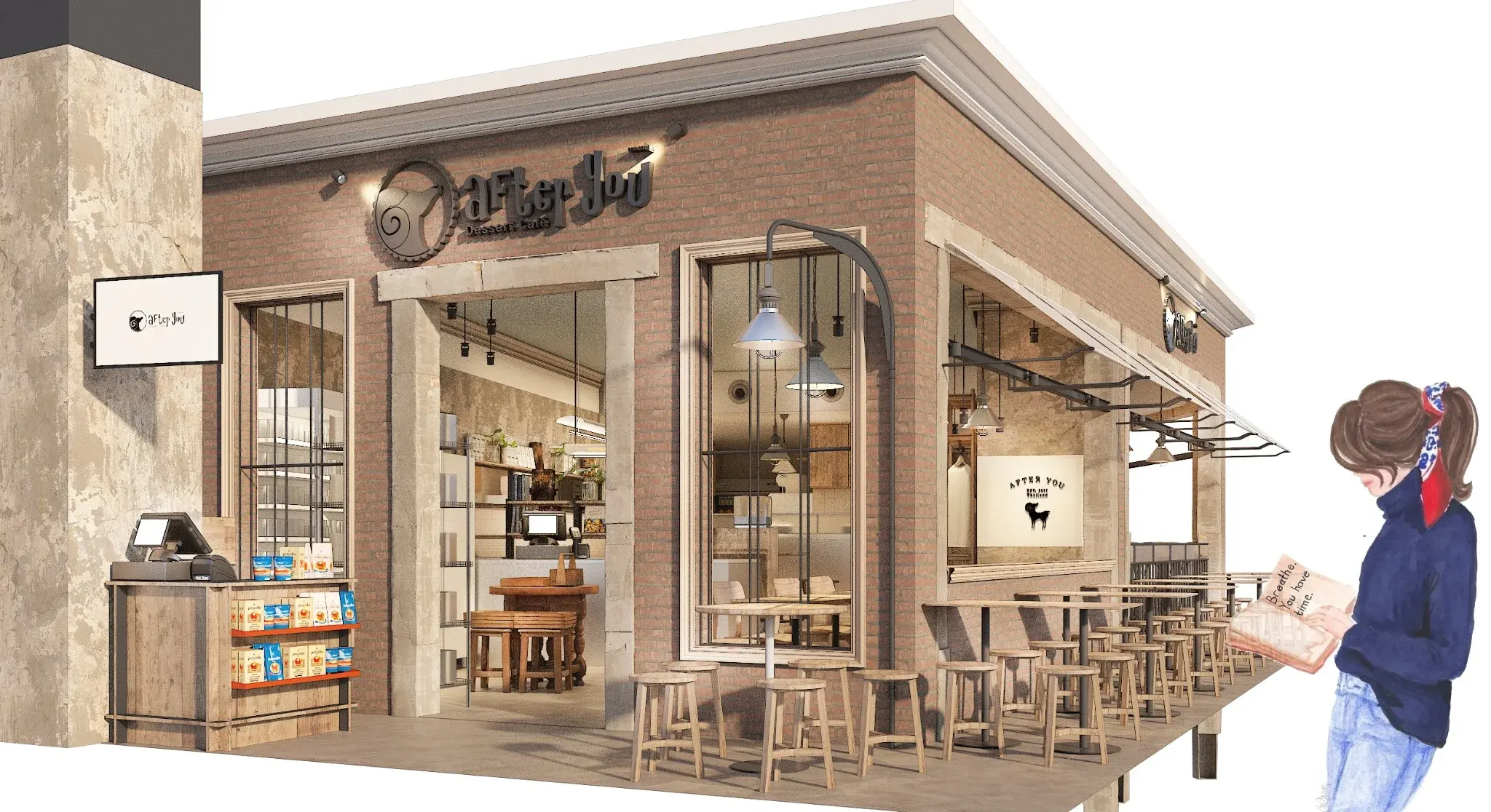 Corner facade rendering of After You Dessert Cafe CentralWorld with brick walls, awnings and open seating