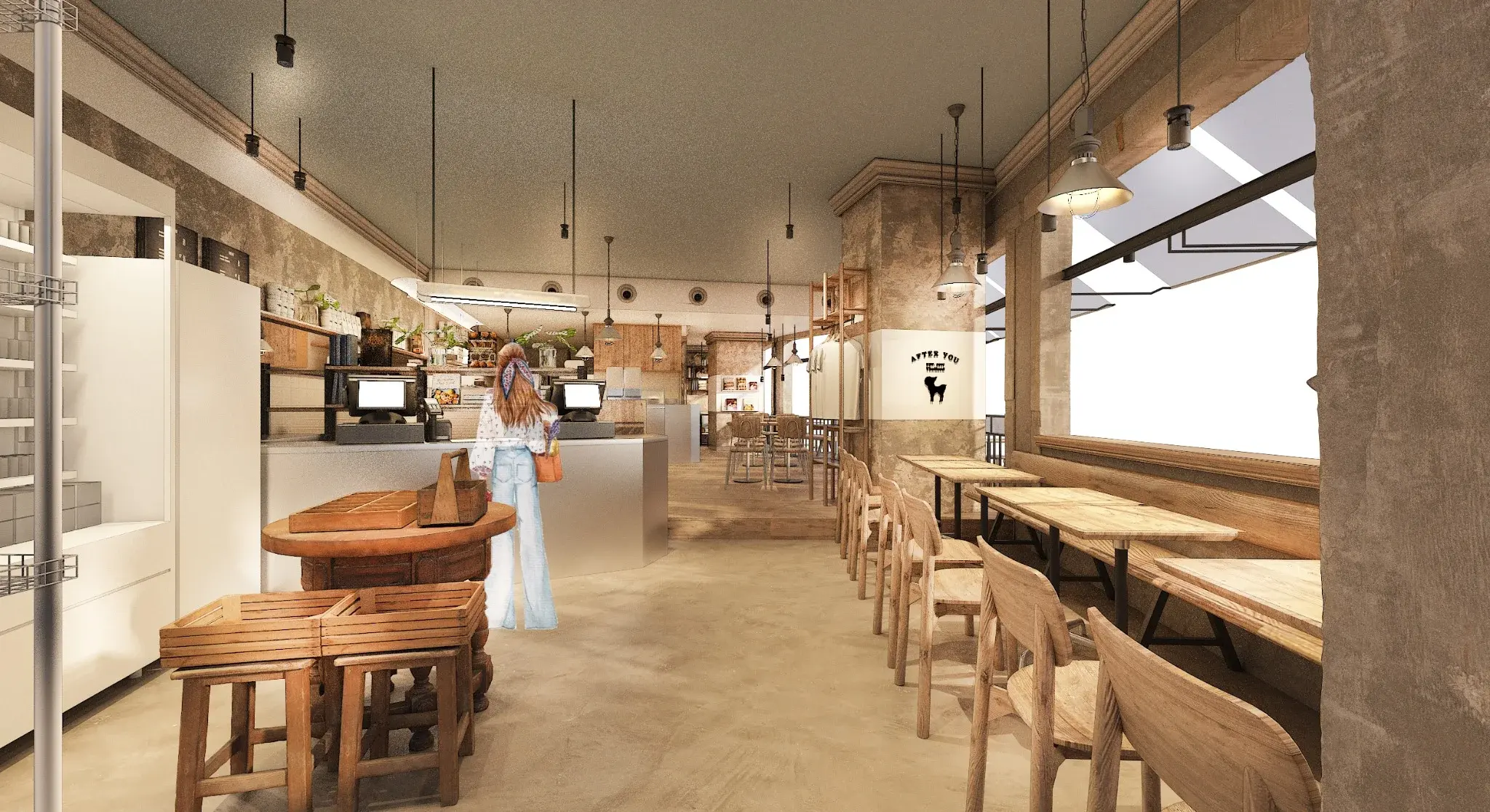 Interior perspective of After You Dessert Cafe CentralWorld showing service counter and long window seating