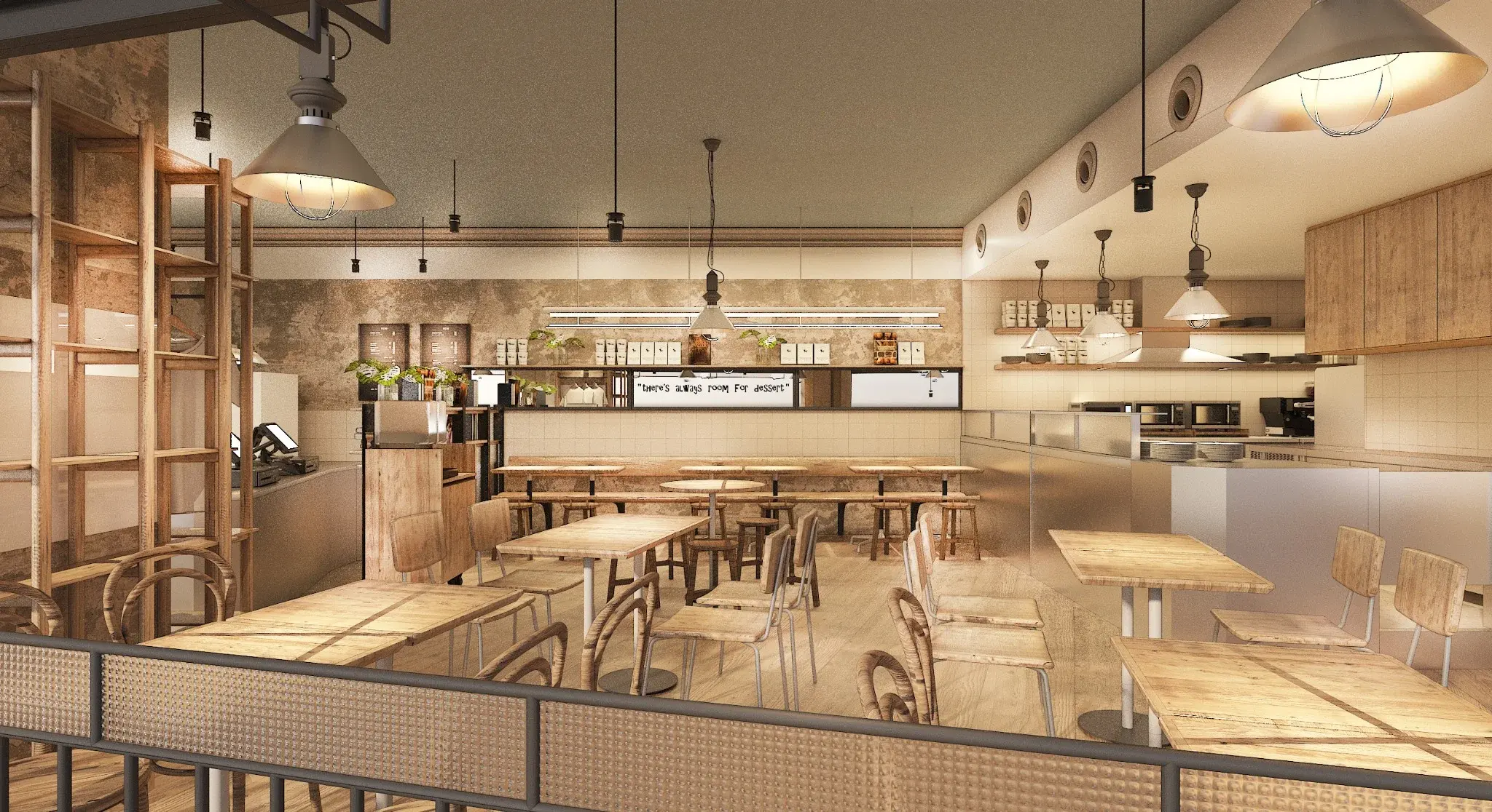 Wide dining room rendering of After You Dessert Cafe CentralWorld with timber seating and open kitchen