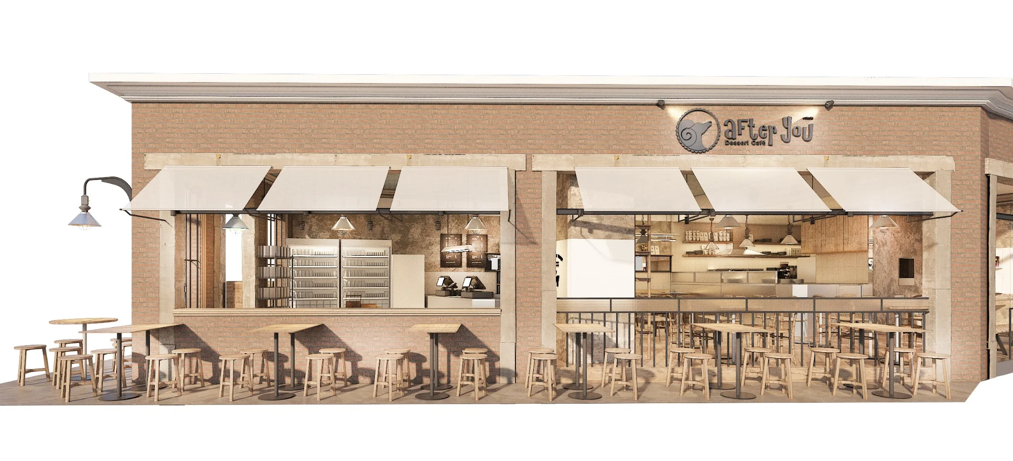 Long facade rendering of After You Dessert Cafe CentralWorld with white awnings and perimeter seating