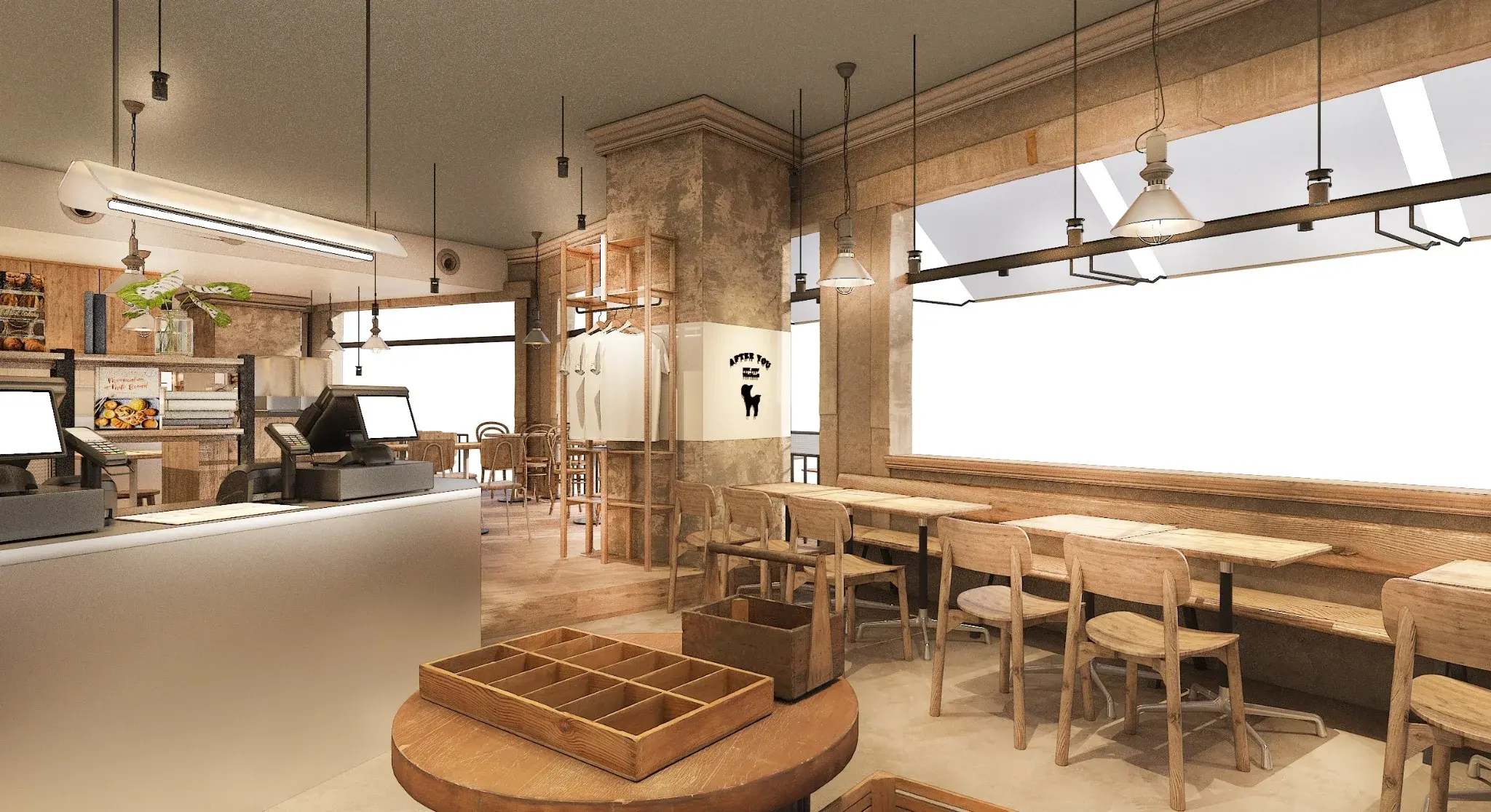 Interior rendering of After You Dessert Cafe CentralWorld showing service counter, seating and facade openings