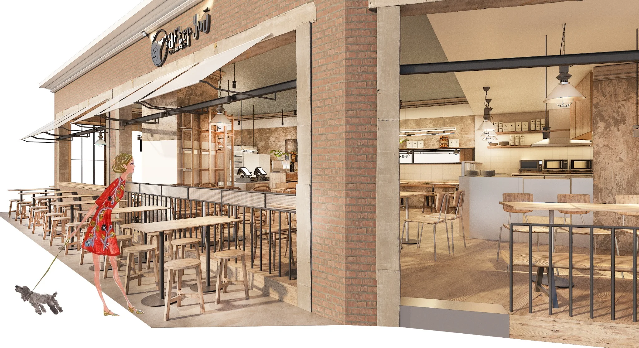 Angled exterior rendering of After You Dessert Cafe CentralWorld with brick piers and open seating