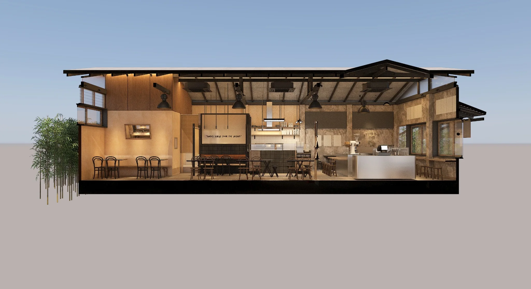 Sectional perspective rendering of After You Dessert Cafe Nimman Chiang Mai showing the full spatial organization