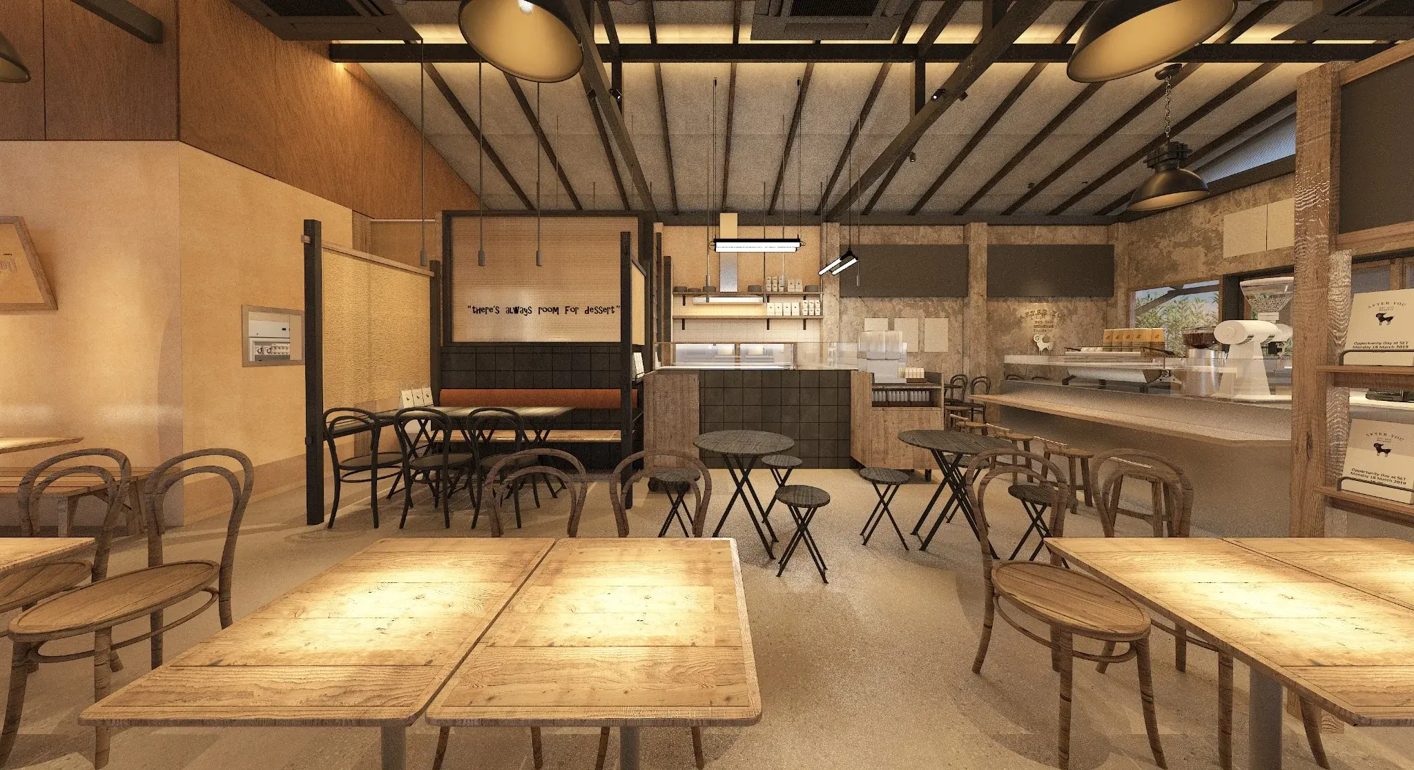 Rendering of the dining area at After You Dessert Cafe Nimman Chiang Mai showing tables and banquette seating