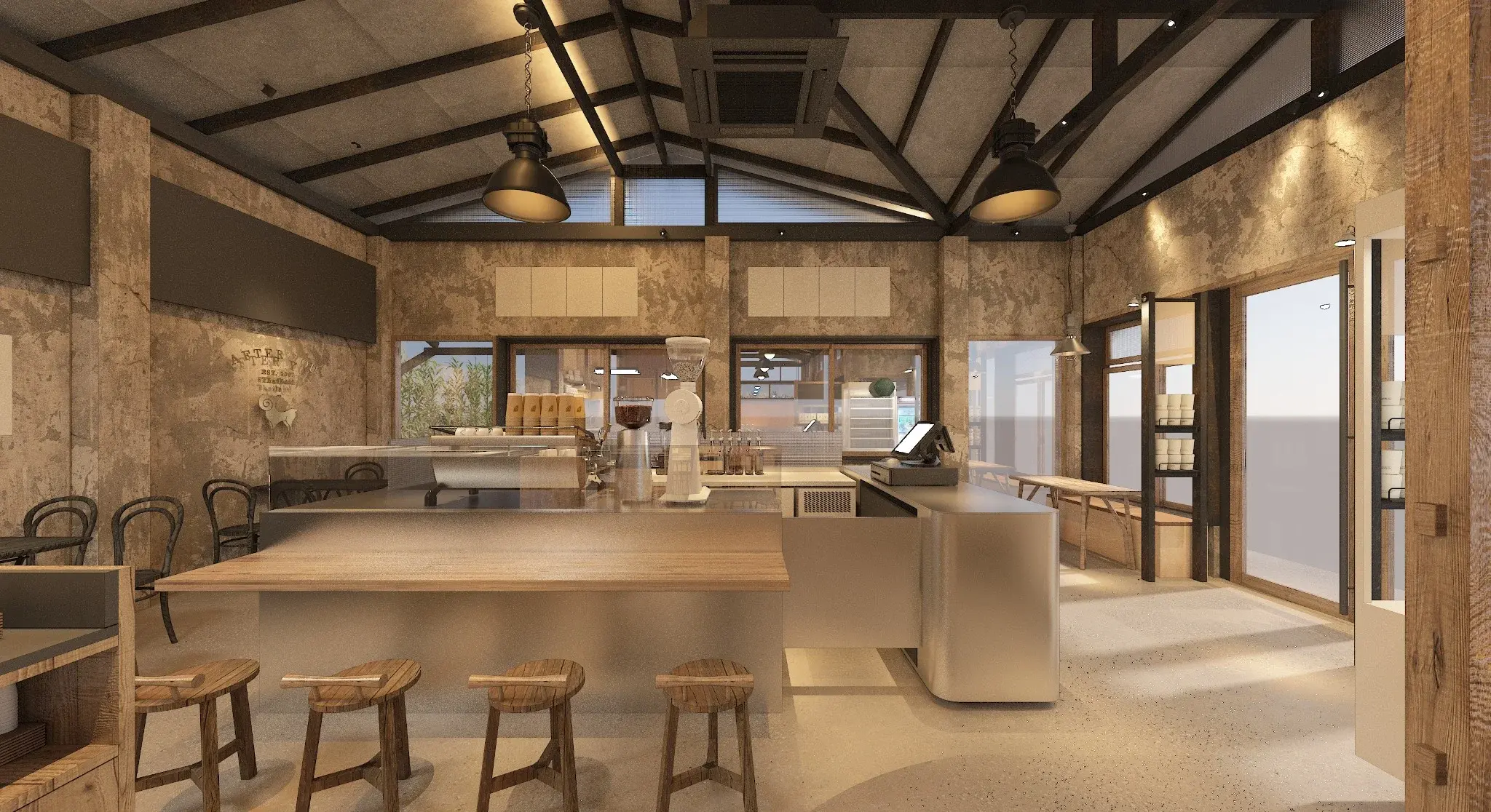 Wide interior rendering of After You Dessert Cafe Nimman Chiang Mai showing benches, tables and the central counter