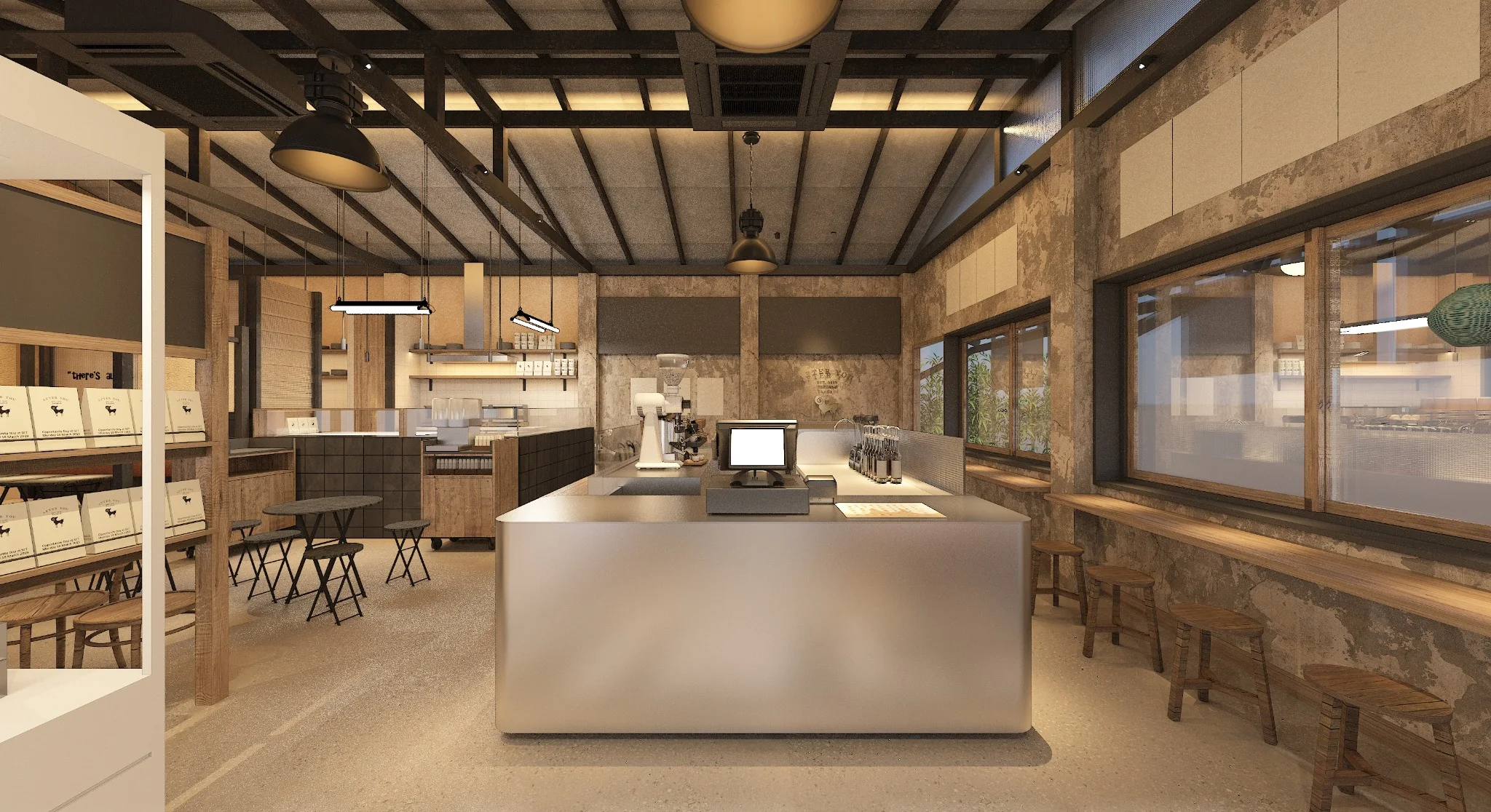 Rendering of the payment counter and coffee equipment at After You Dessert Cafe Nimman Chiang Mai
