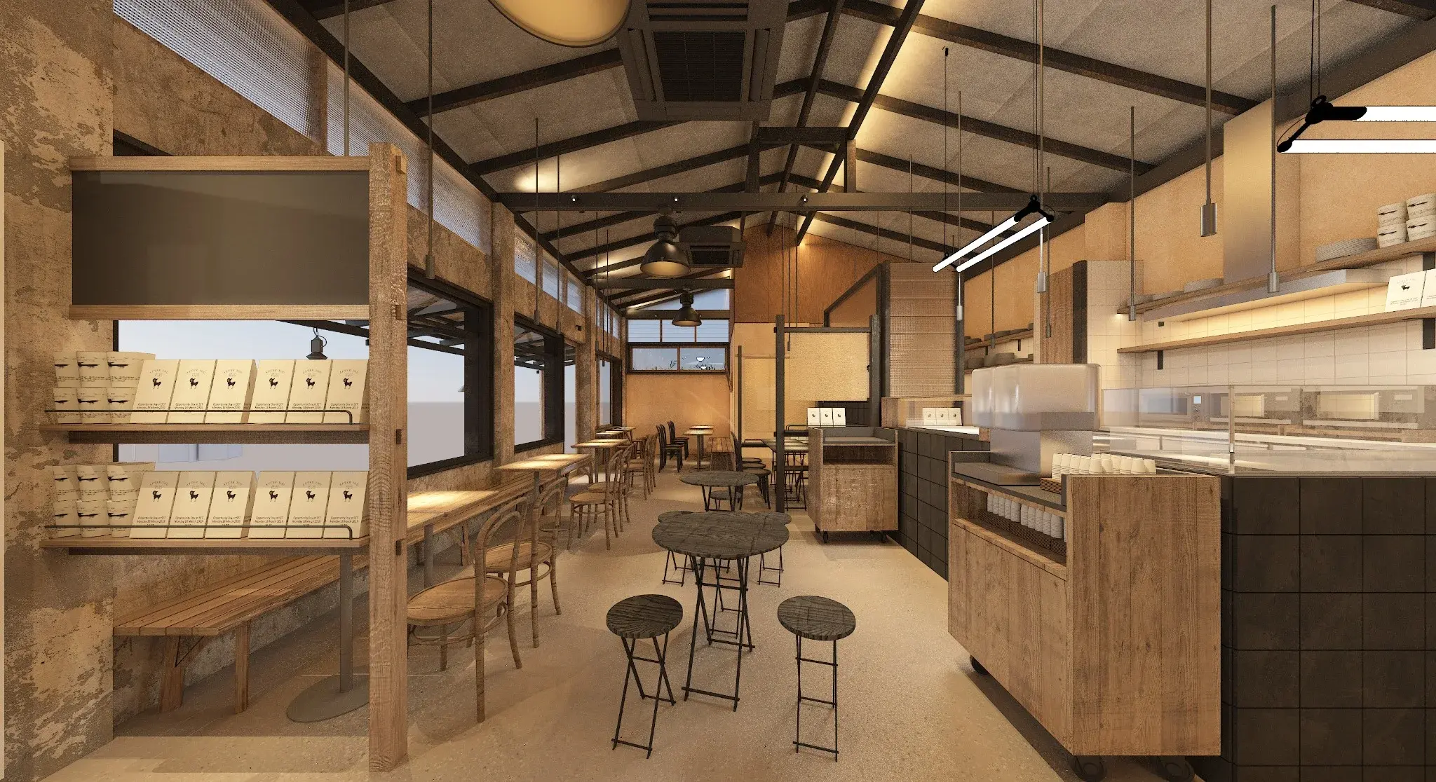 Rendering of the long side aisle and shelf display at After You Dessert Cafe Nimman Chiang Mai