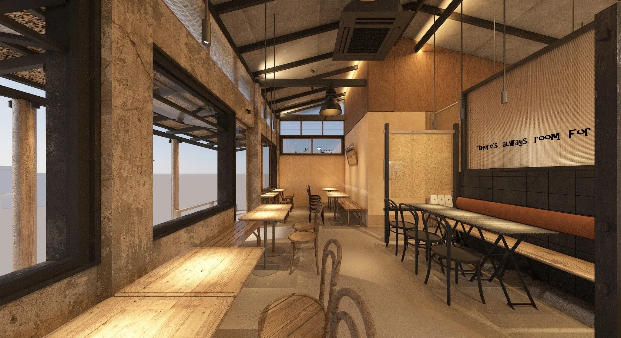 Rendering of window-side tables and banquette seating at After You Dessert Cafe Nimman Chiang Mai