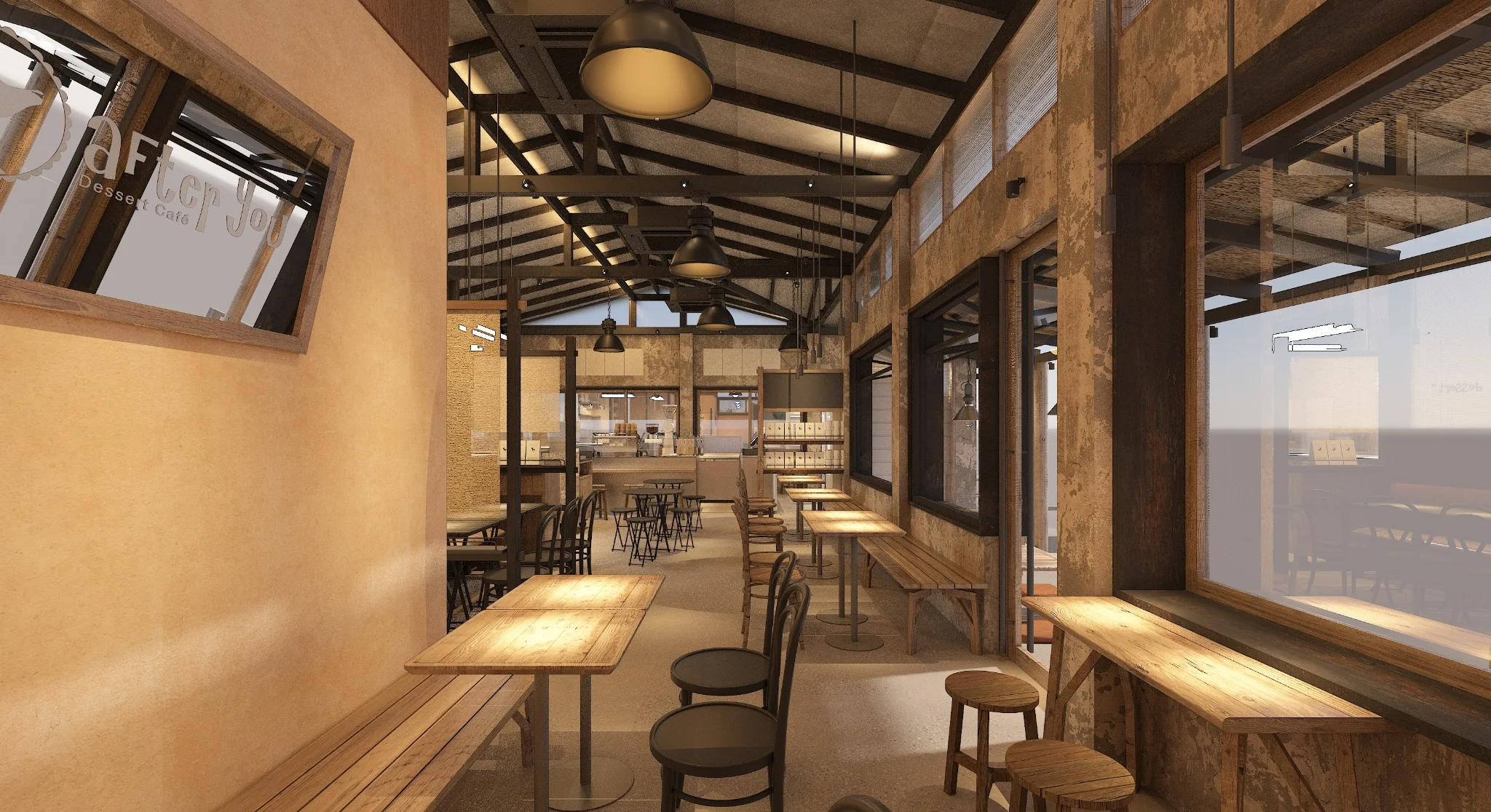 Rendering of the side corridor seating sequence at After You Dessert Cafe Nimman Chiang Mai