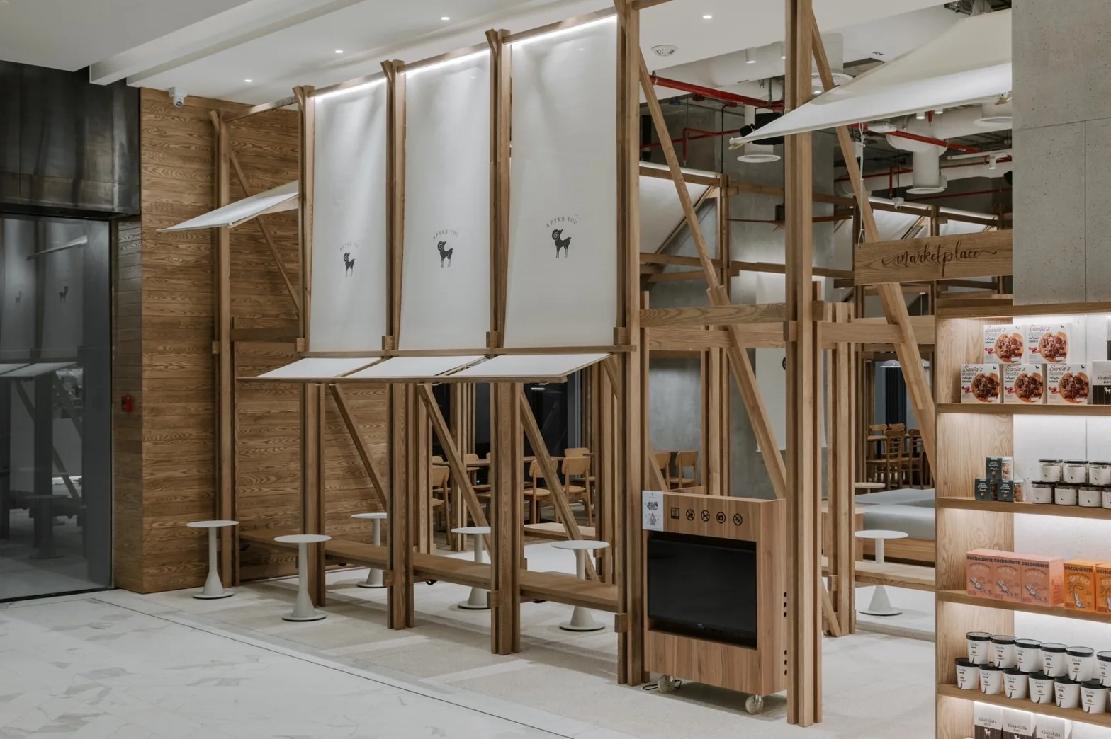 Timber marketplace structure and fabric screens
