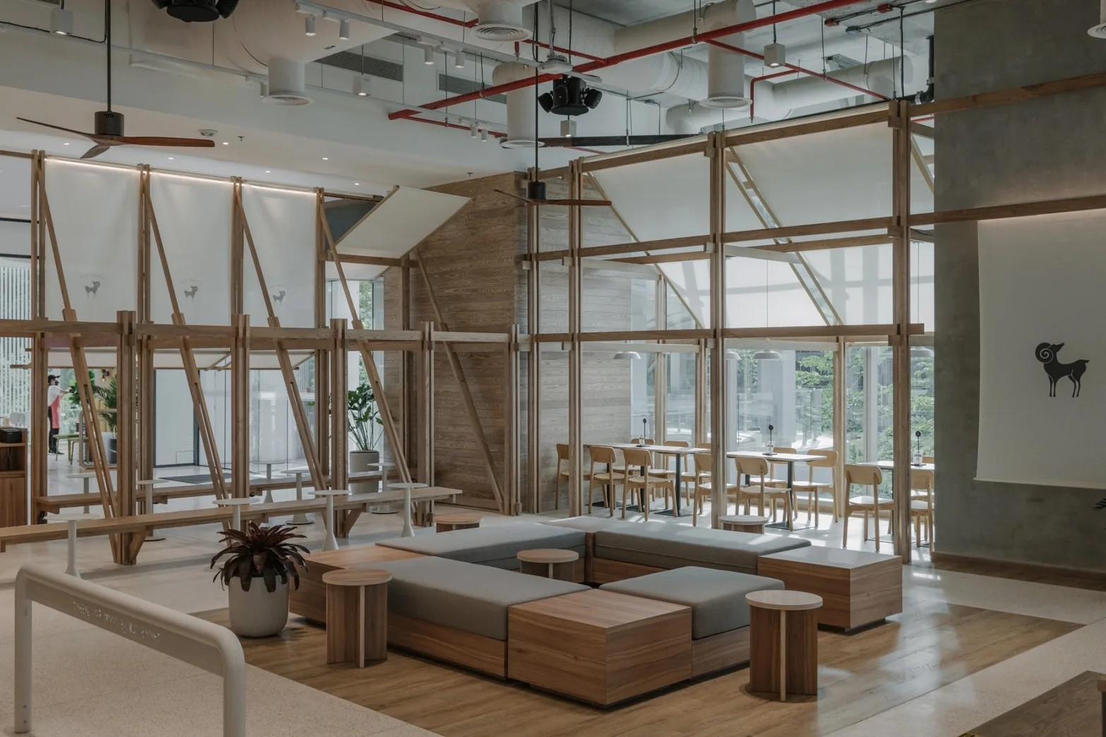 Wide view across the timber marketplace and lounge