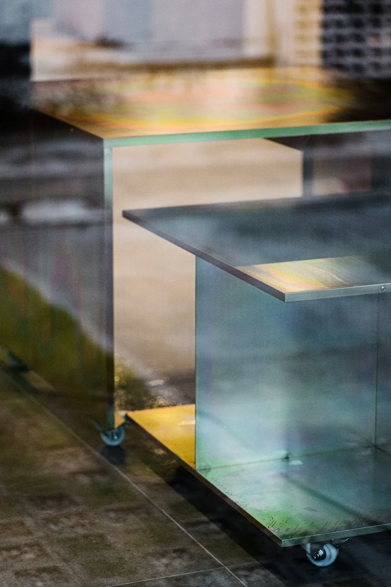 Iridescent metal work surface at Indy's Scape