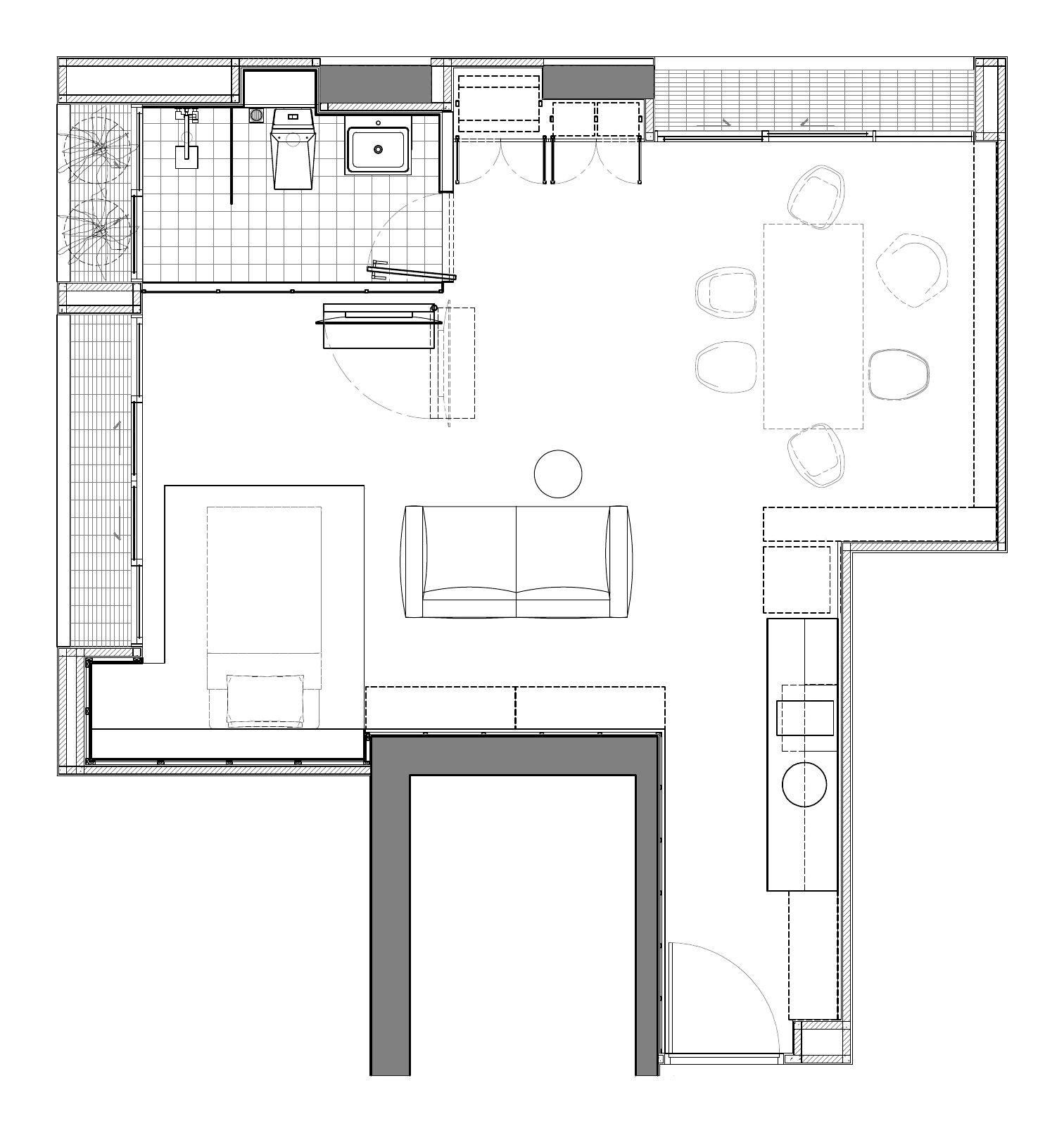 Noble Revent apartment layout plan showing the rotating TV stand between the living and dining areas