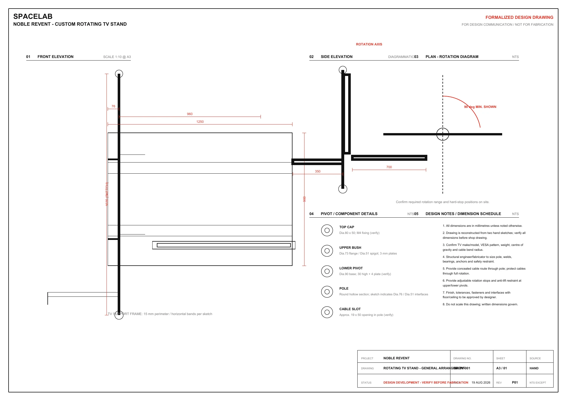 Formalized general arrangement drawing developed from the original Noble Revent rotating TV stand sketches