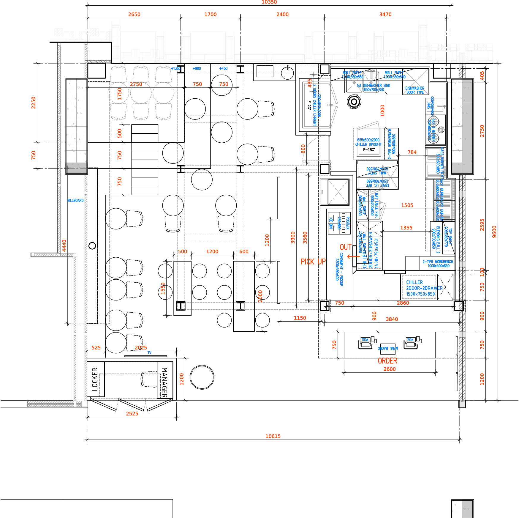 Pelicana SiamScape restaurant layout plan showing dining, order, pickup and kitchen zones