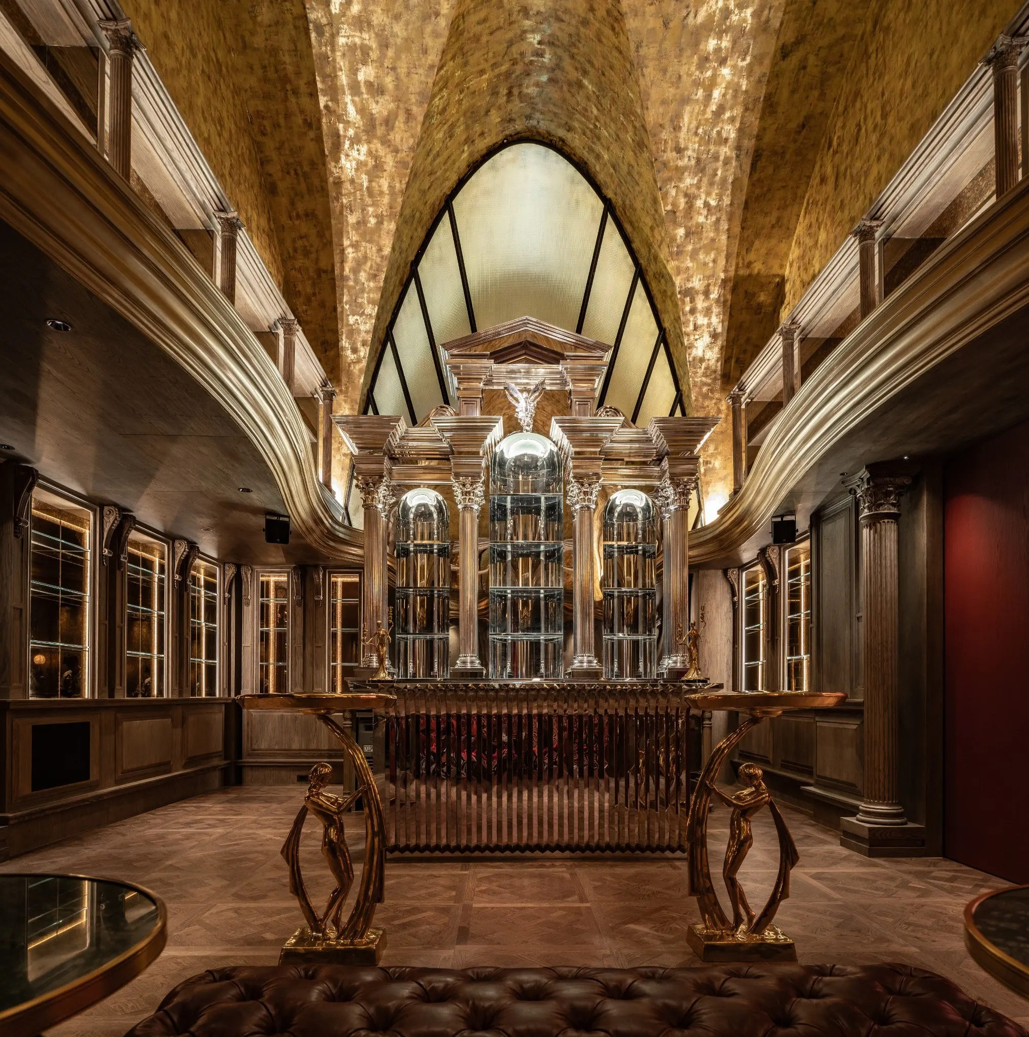 Atmospheric private club interior with warm indirect lighting