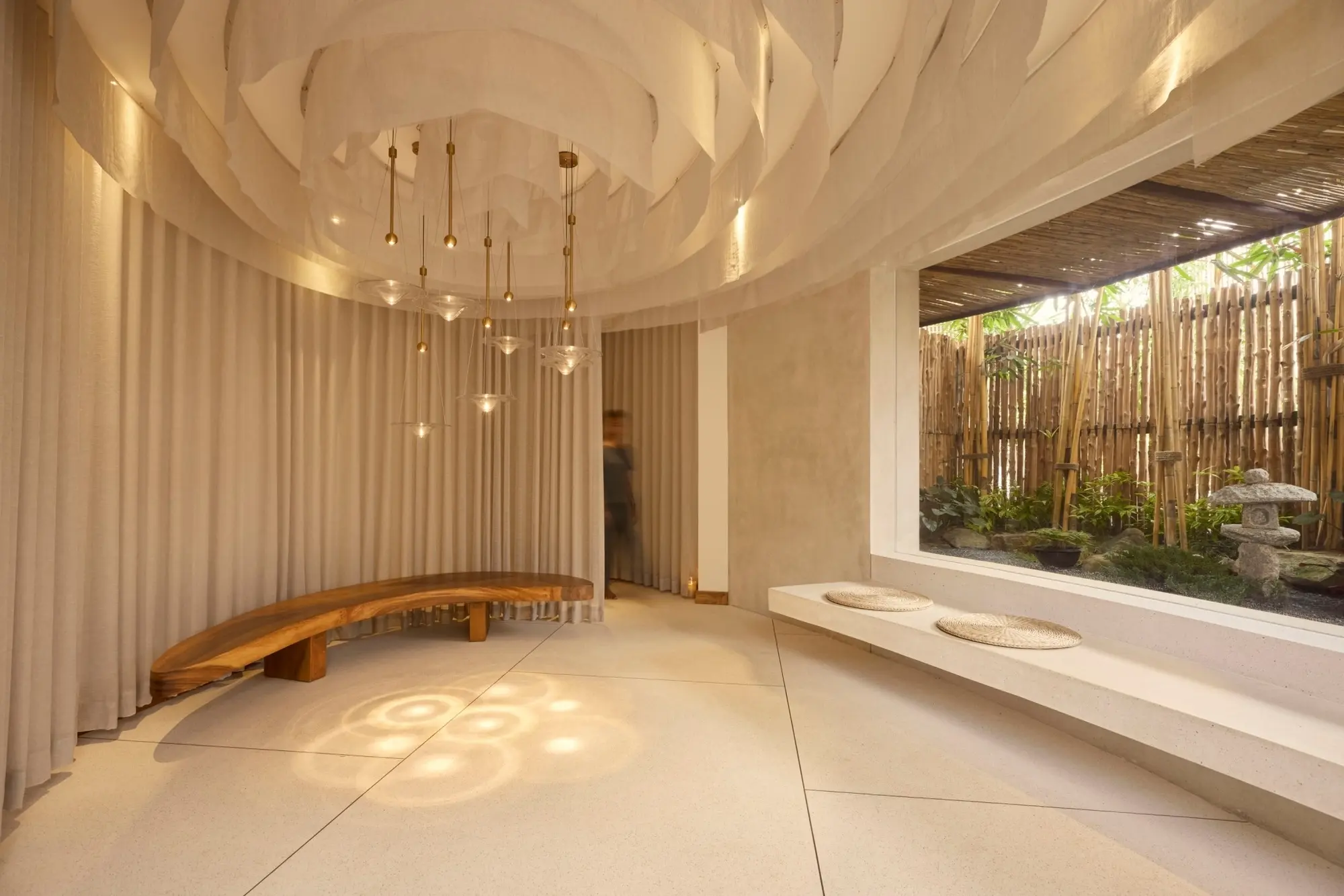The Retreat Spa reception lobby and sculptural ceiling