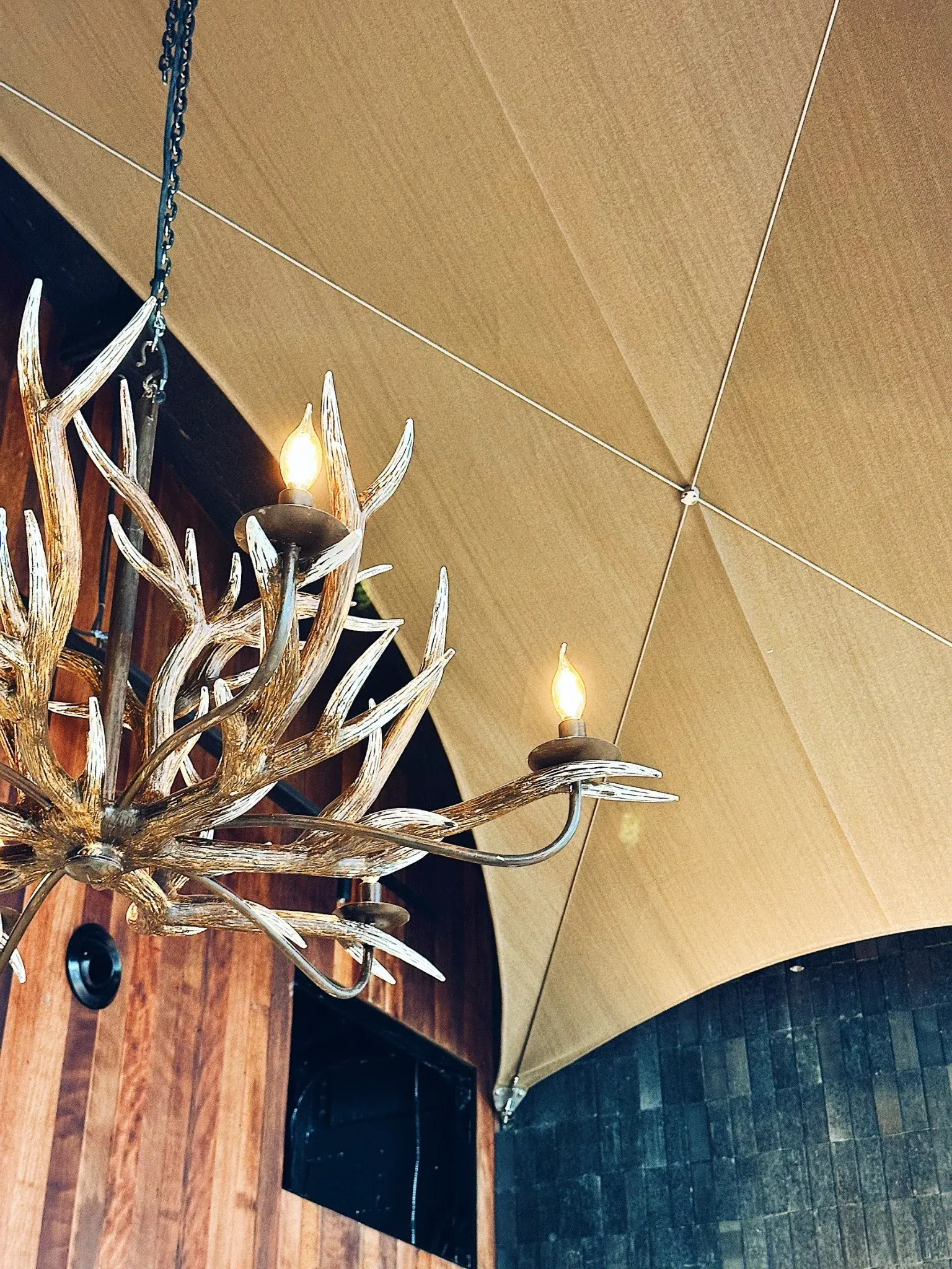 Sculptural chandelier and stretched fabric ceiling detail at Wine Gallery Bangkok